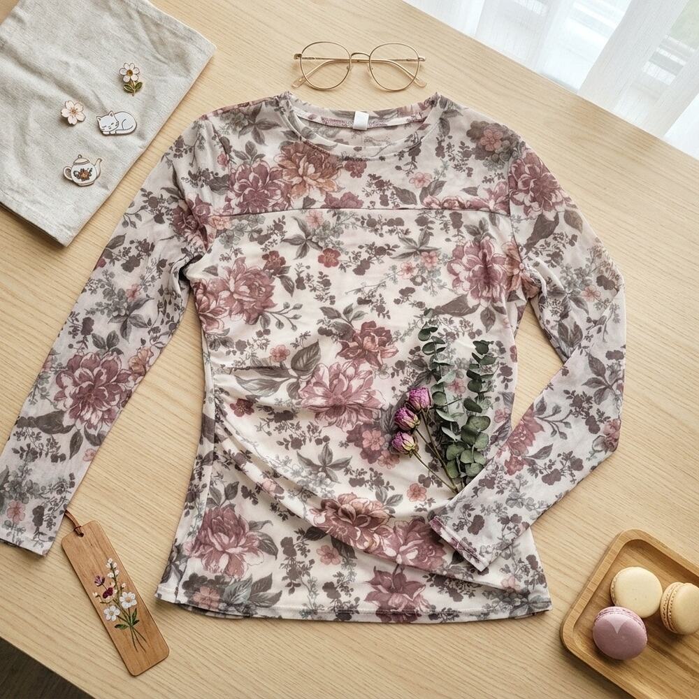 Maurices NWT Women's XL Floral Mesh Ruched Long Sleeve Top Blouse Neutral Pink‎